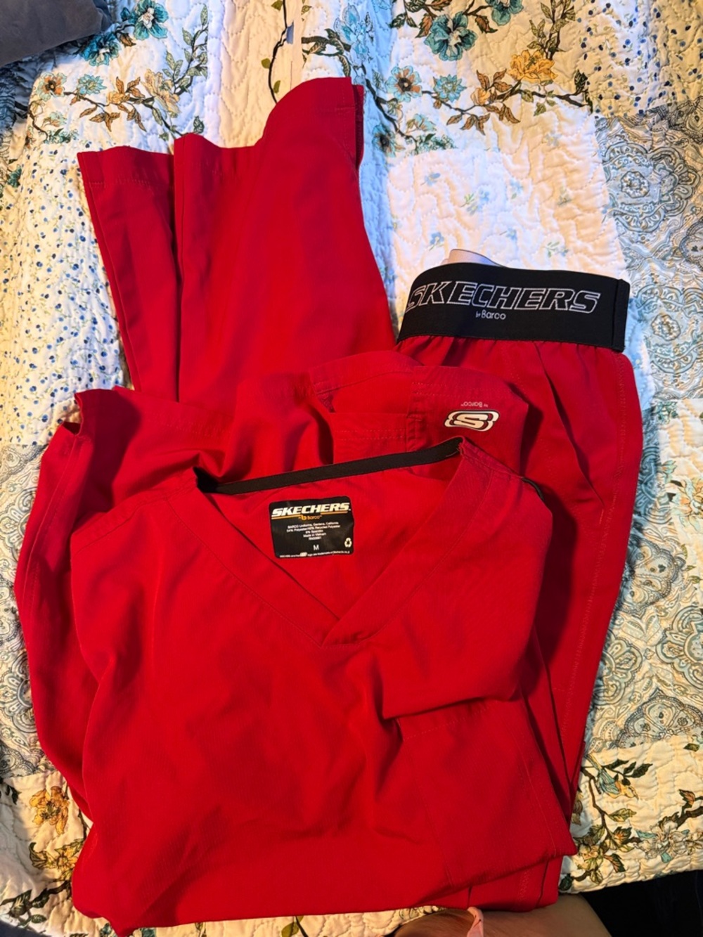 Skechers Bright Red V-Neck Scrub Top with Elastic Waist Pants